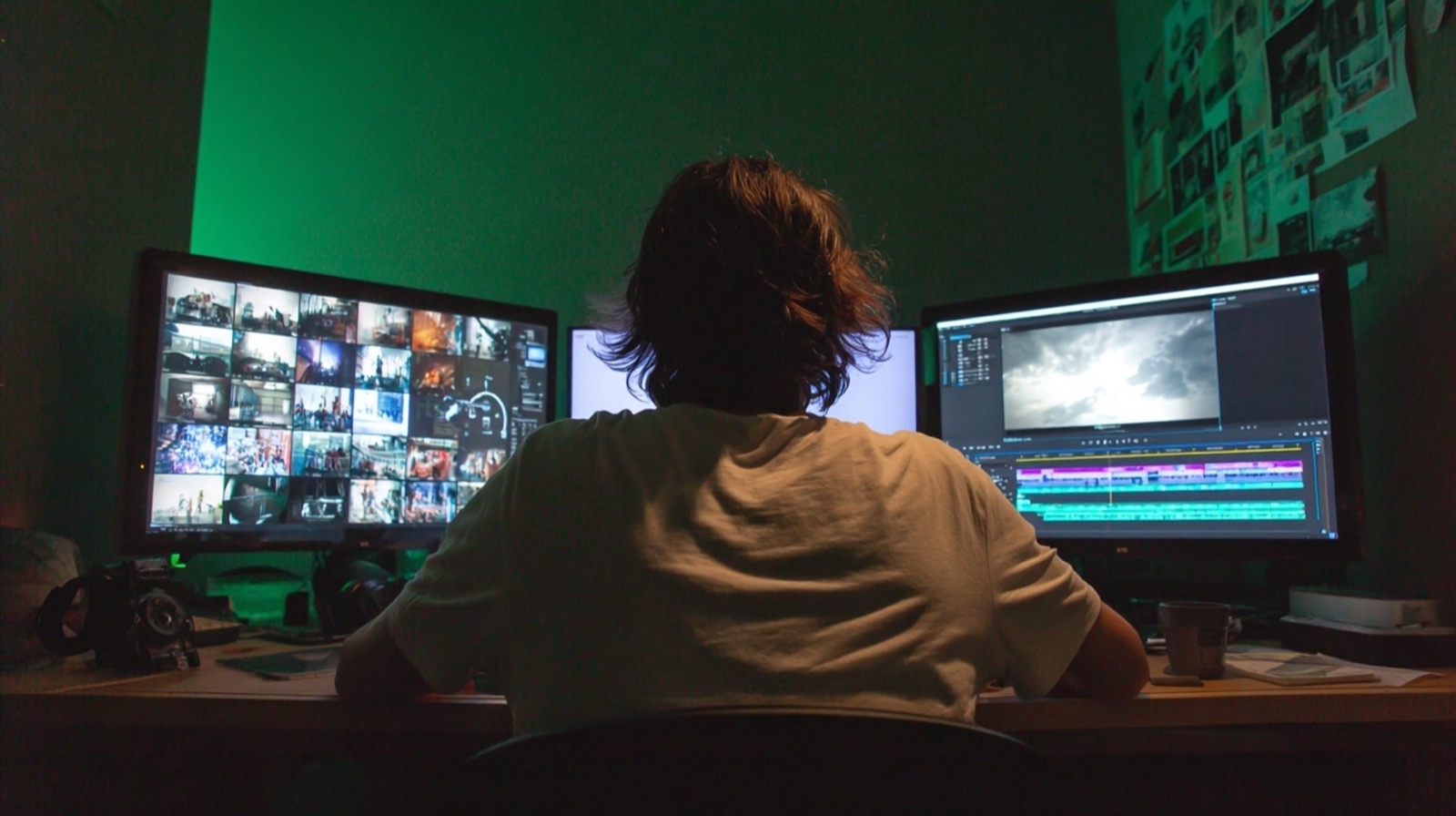 Person von hinten an Schreibtisch mit drei Monitoren, die Videobearbeitungssoftware und Bilddateien zeigen.